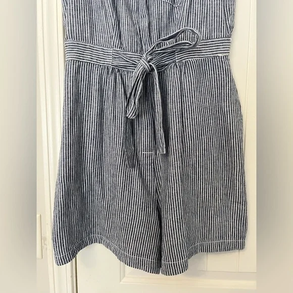 Anthropologie Blue White Striped Linen Blend Belted Romper - Picture 5 of 9